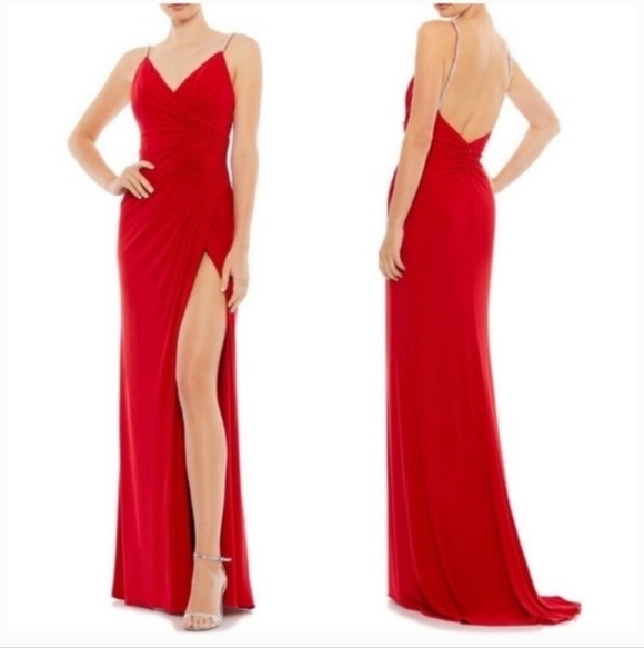 Mac Duggal Dresses & Skirts - Ieena Mac Duggal Womens Size 2 Red Faux Wrap Stretchy Rhinestones Dress